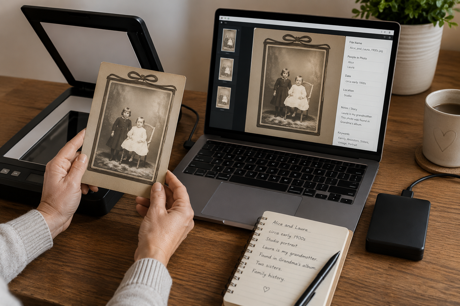 Family photo being digitized with a scanner and computer