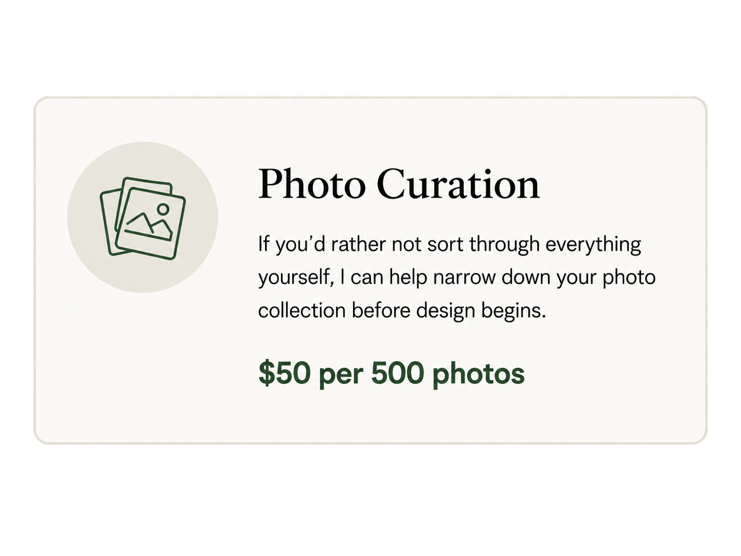 Photo curation add-on for custom photo books, helping narrow down a larger photo collection before design begins.