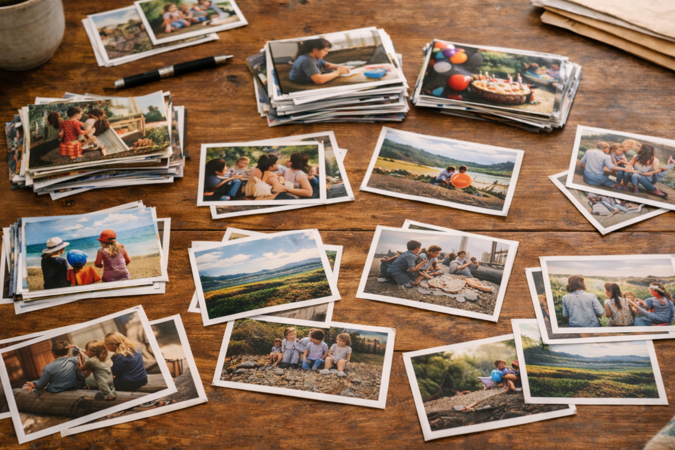 Printed photographs spread across a wooden table in a partially sorted arrangement, with small stacks and scattered images showing a calm, in-progress photo organizing scene.