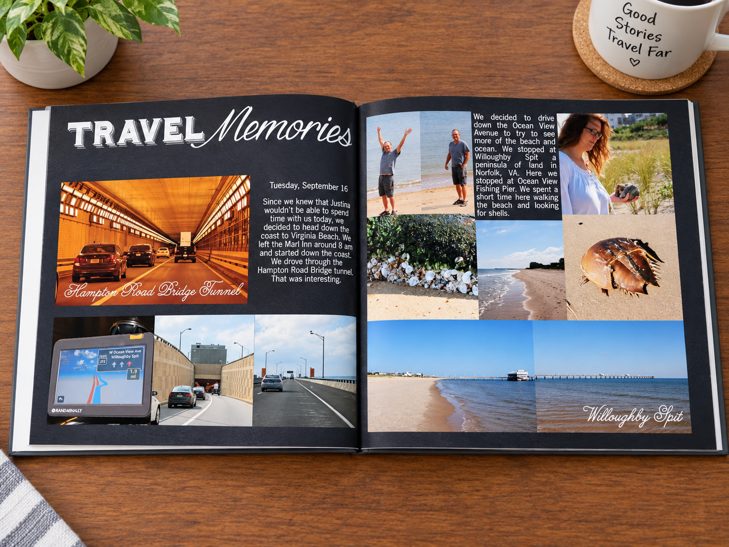 An open travel photo book displayed on a wooden table, showing a tunnel photo and related travel memories from a trip to Virginia.