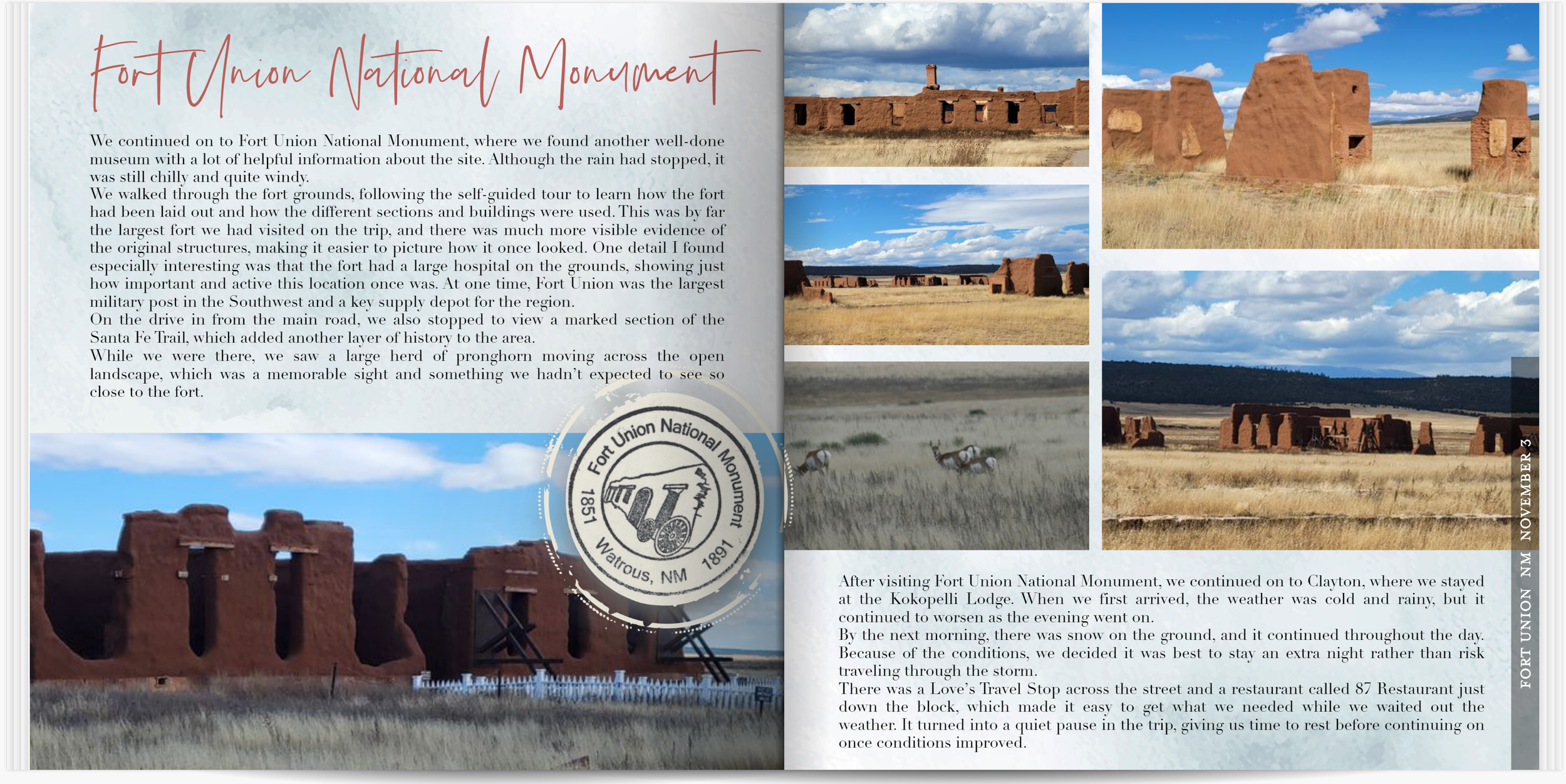 Detailed travel memory book spread with photos, captions, and Fort Union National Monument memories