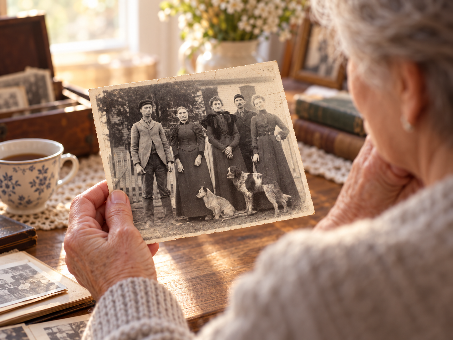 An older woman sits at a table looking closely at a vintage black-and-white family photograph in a warm, softly lit room.