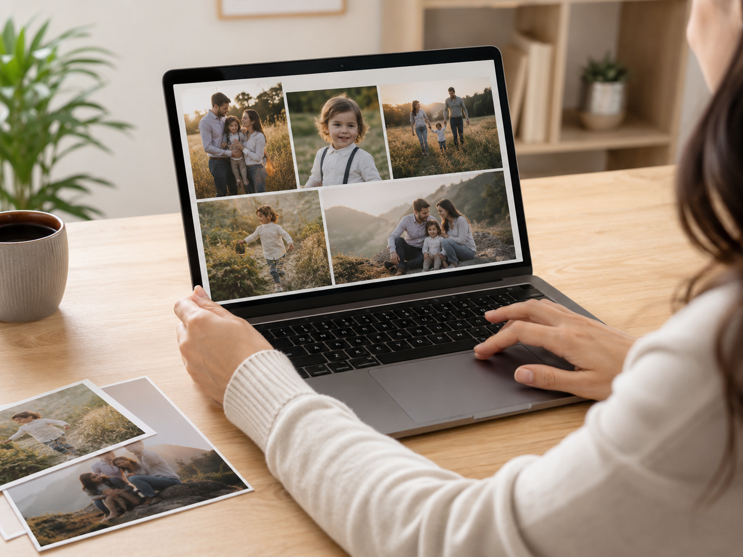 Woman sitting at a table reviewing family photos on a laptop, with printed pictures nearby, as she decides where to start with her photo collection.