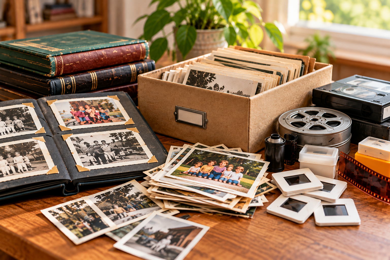 Family photo albums, loose printed photos, slides, film, home movies, and photo storage boxes gathered on a table.