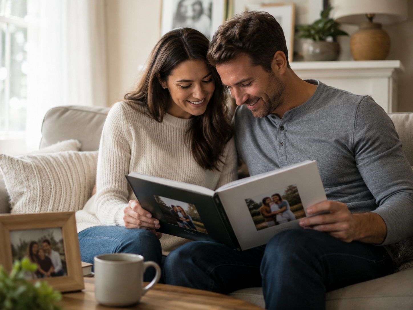 Couple sitting together and looking through a printed family photo book at home.