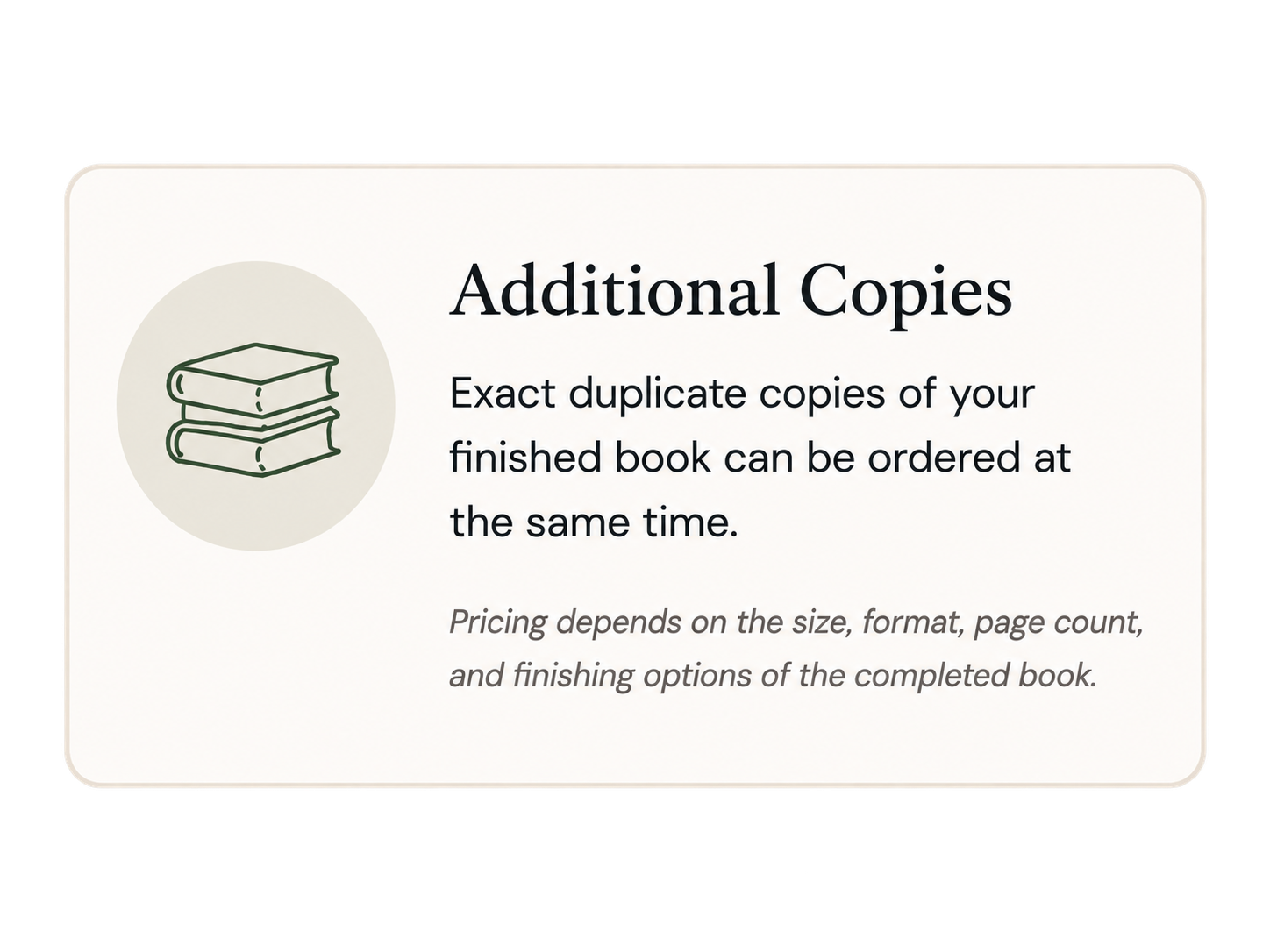 Additional duplicate copy option for completed custom photo books, with pricing based on the finished book format.