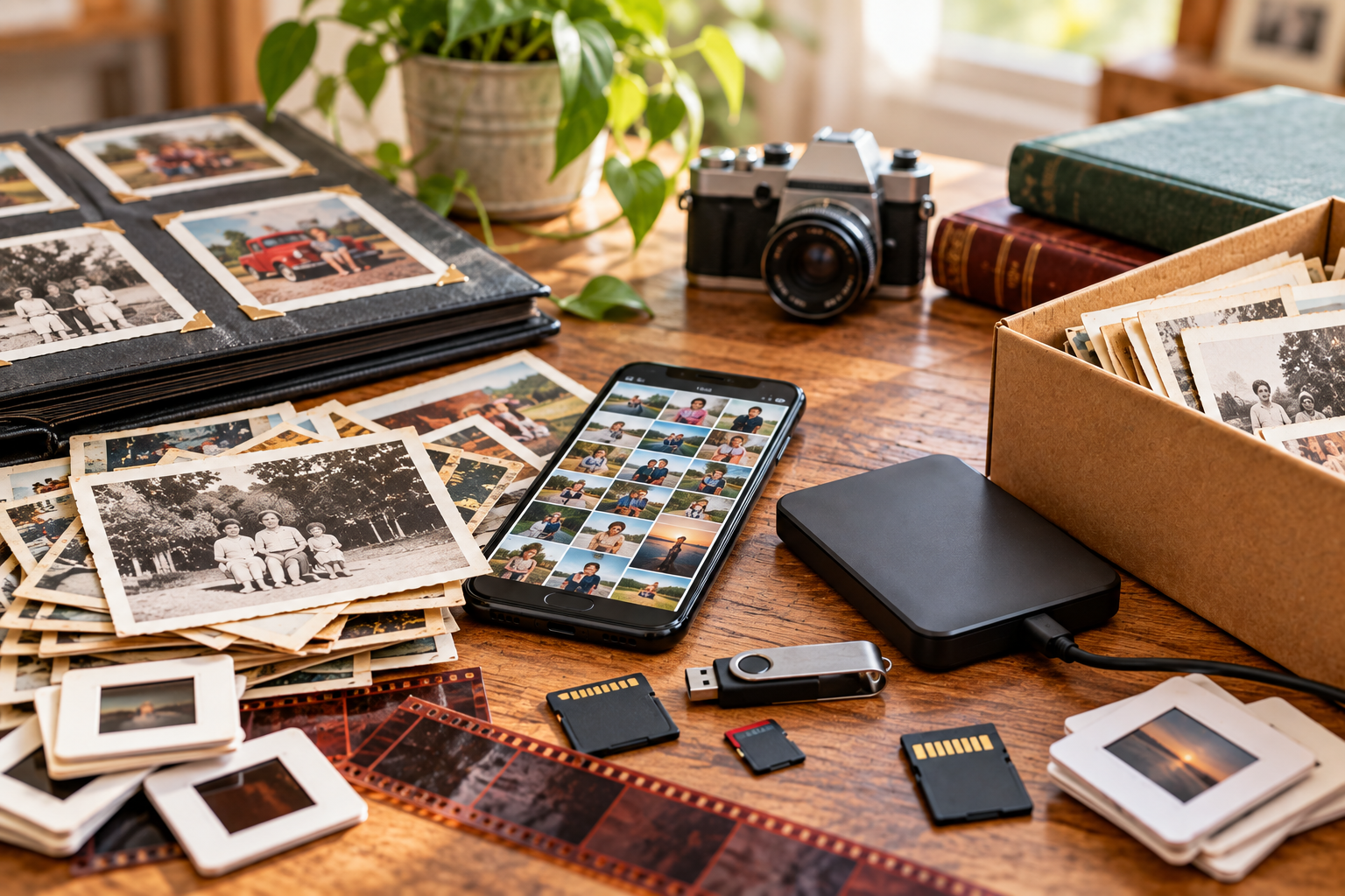 Printed family photos, photo albums, a smartphone, external hard drive, memory cards, slides, and film gathered on a table.