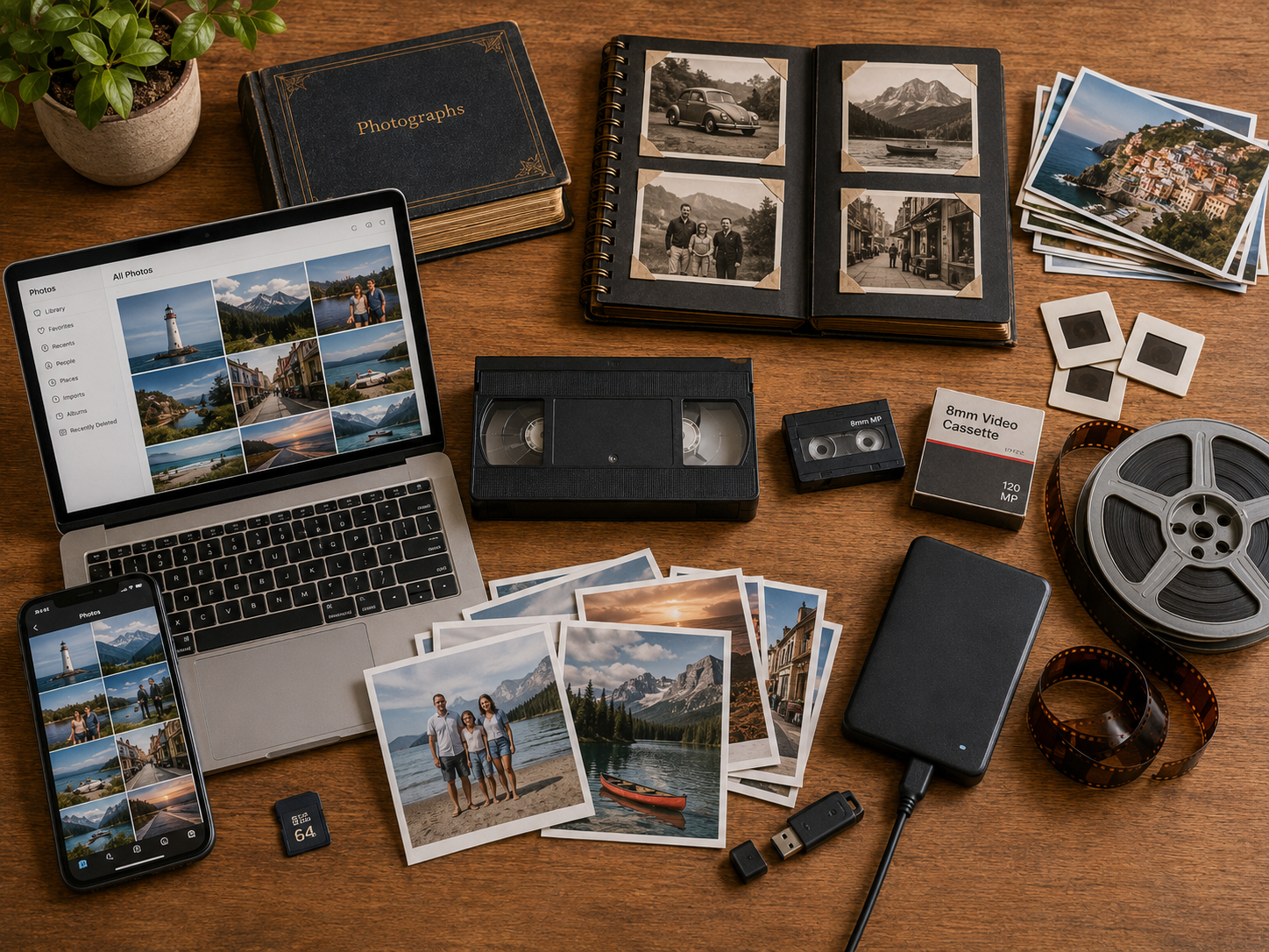 Printed photos, albums, digital devices, film, and old video media