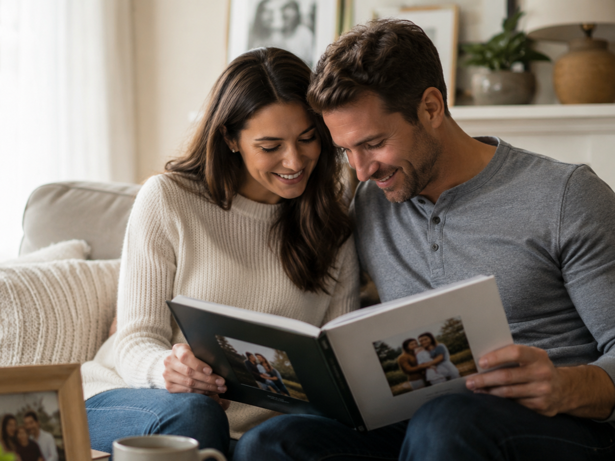 Couple sitting together on a couch looking through a finished family photo book and enjoying their memories.