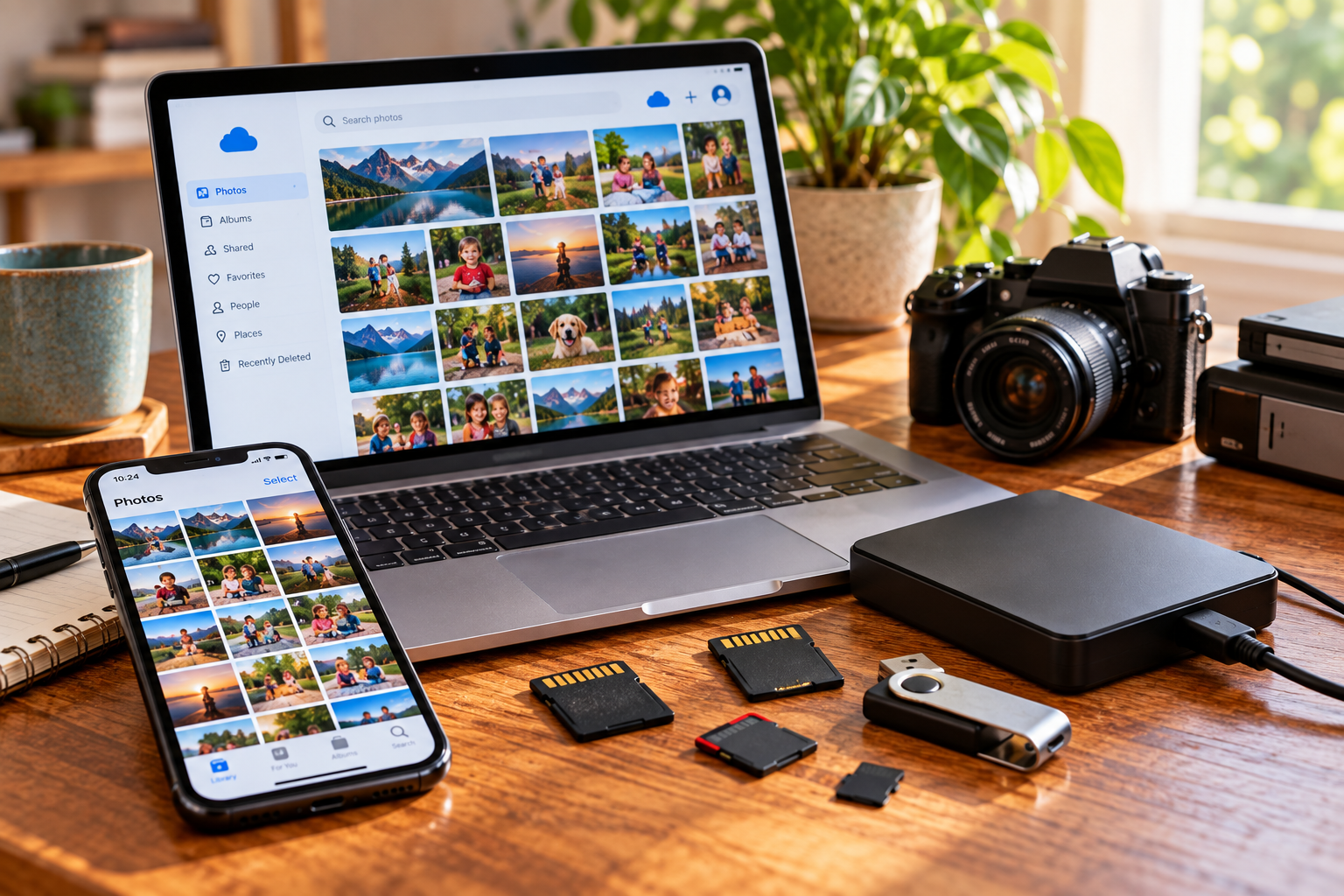 Laptop, smartphone, external hard drive, USB drive, and memory cards showing different places digital photos may be stored.