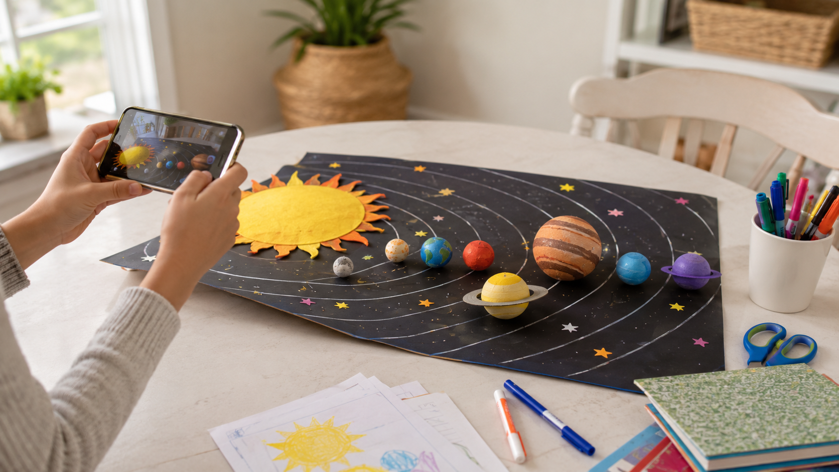 Child holding a school project so it can be photographed before letting the bulky item go.