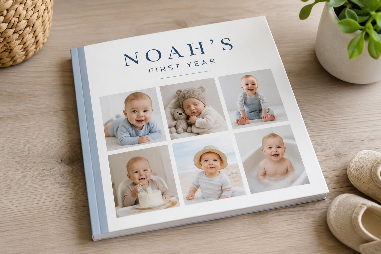 Softcover Mini Story Book featuring a baby’s first year with a custom photo collage cover.
