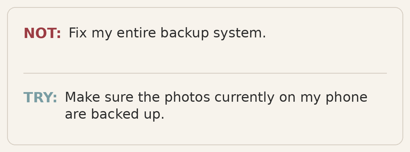 Text graphic comparing “Fix my entire backup system” with the smaller step “Make sure the photos currently on my phone are backed up.”