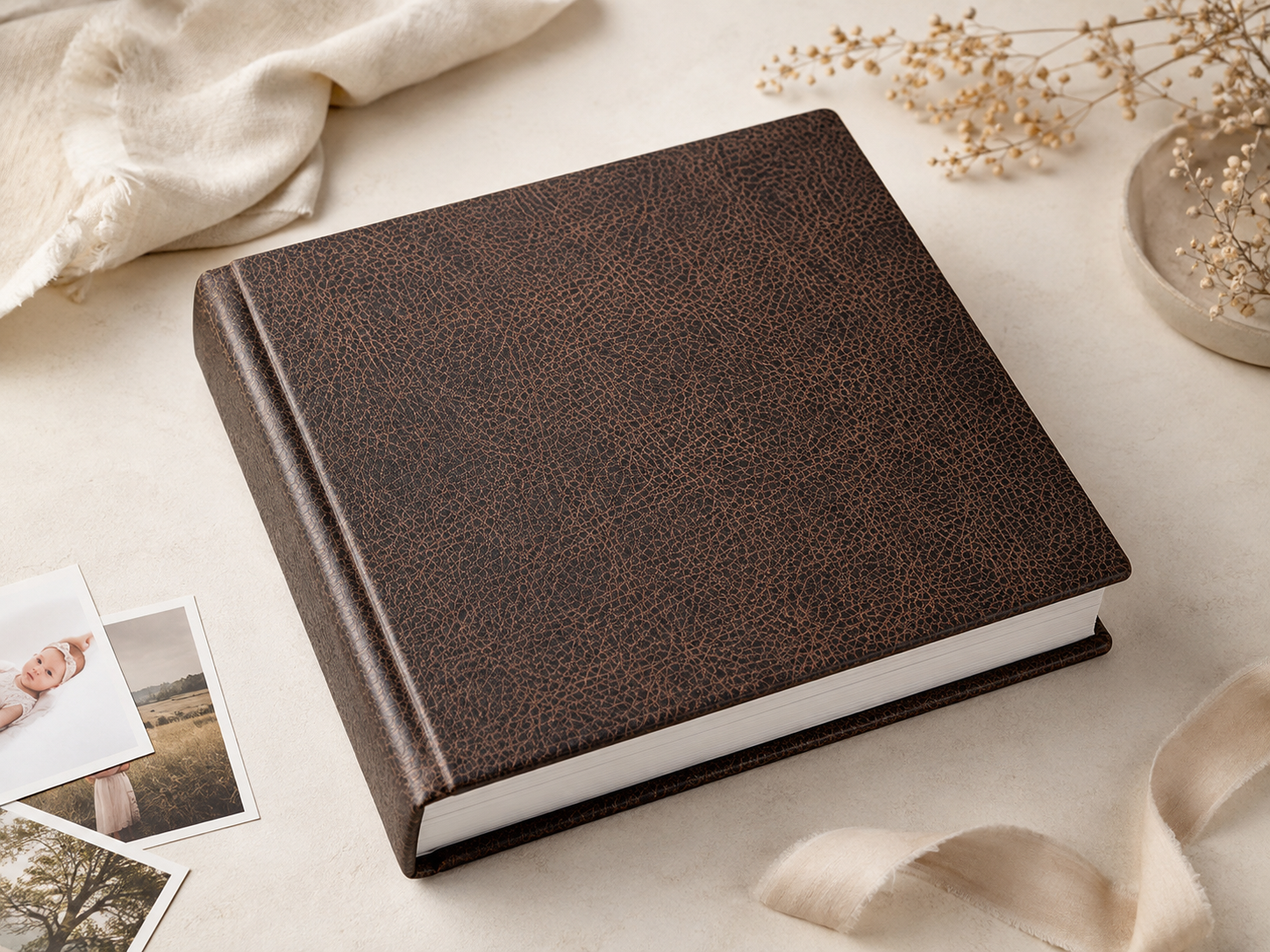 Luxury leather-covered signature photo album sample with a rich brown textured cover, styled to represent a premium custom keepsake album.