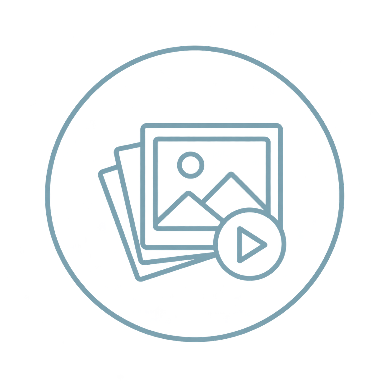Photo stack with play button representing video tributes and slideshows