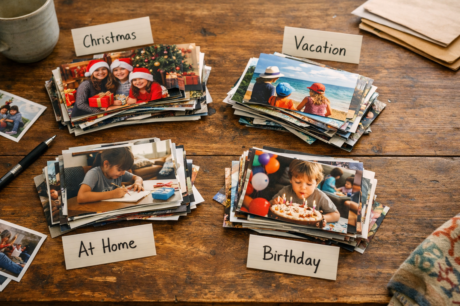 Printed photographs grouped into labeled piles such as Christmas, vacation, at home, and birthdays, demonstrating a simple method for organizing family photos.