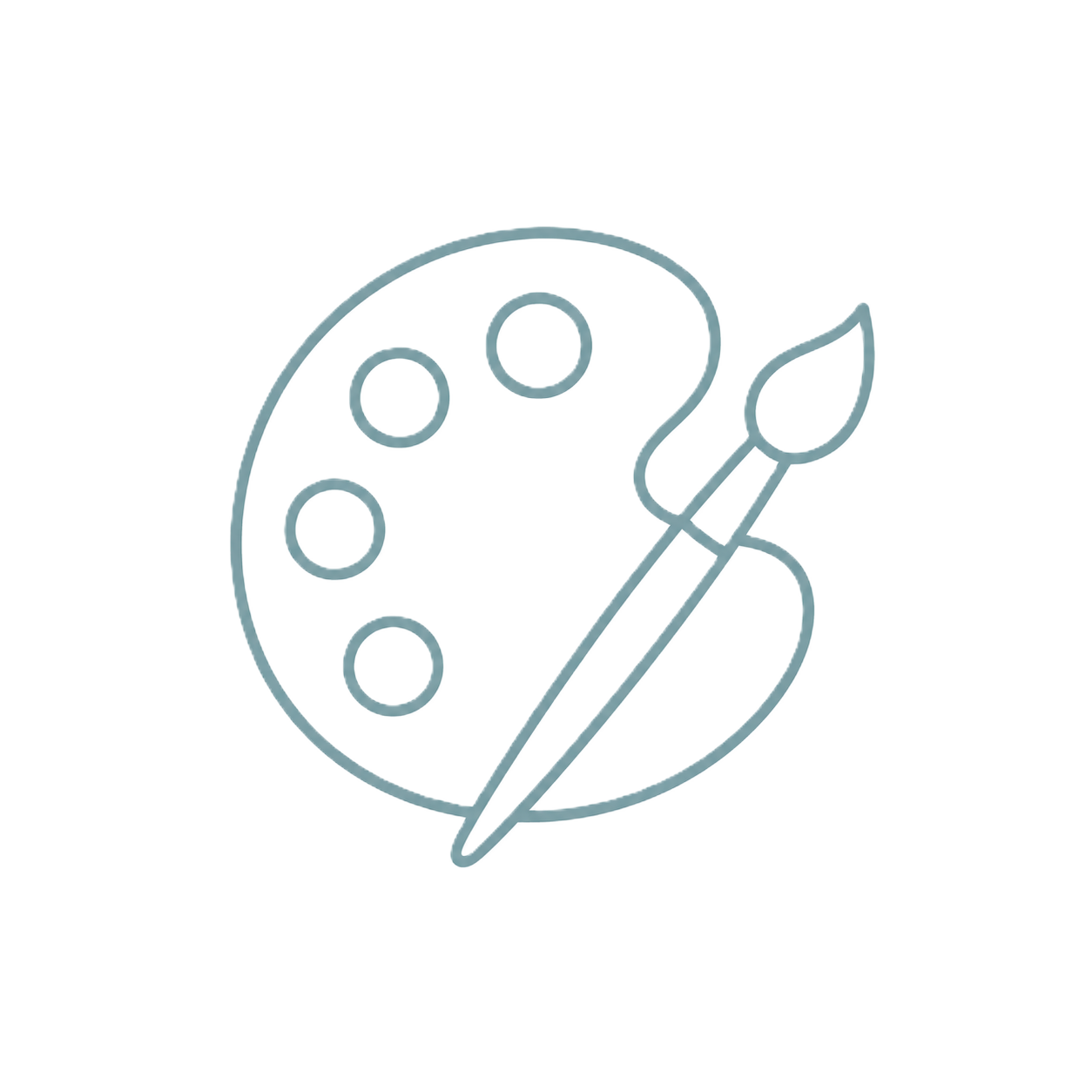 Line drawing artist palette and paintbrush icon representing creative pieces.