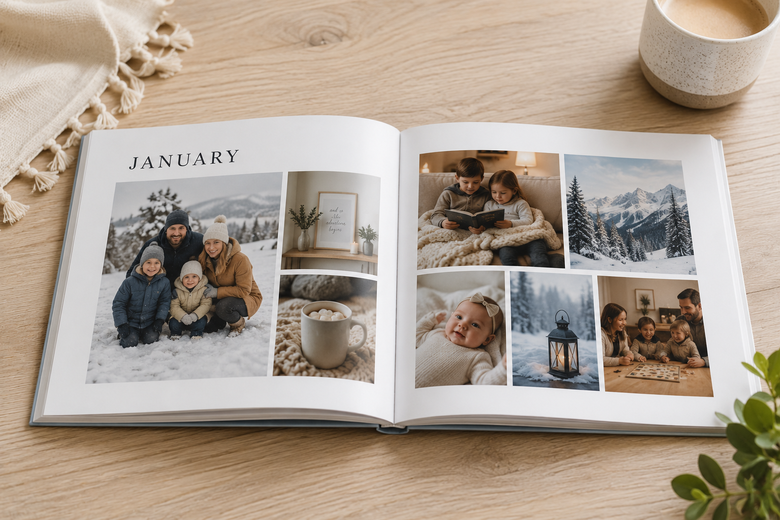 Open family year-in-review photo book showing a January spread with winter family photos and seasonal memories.