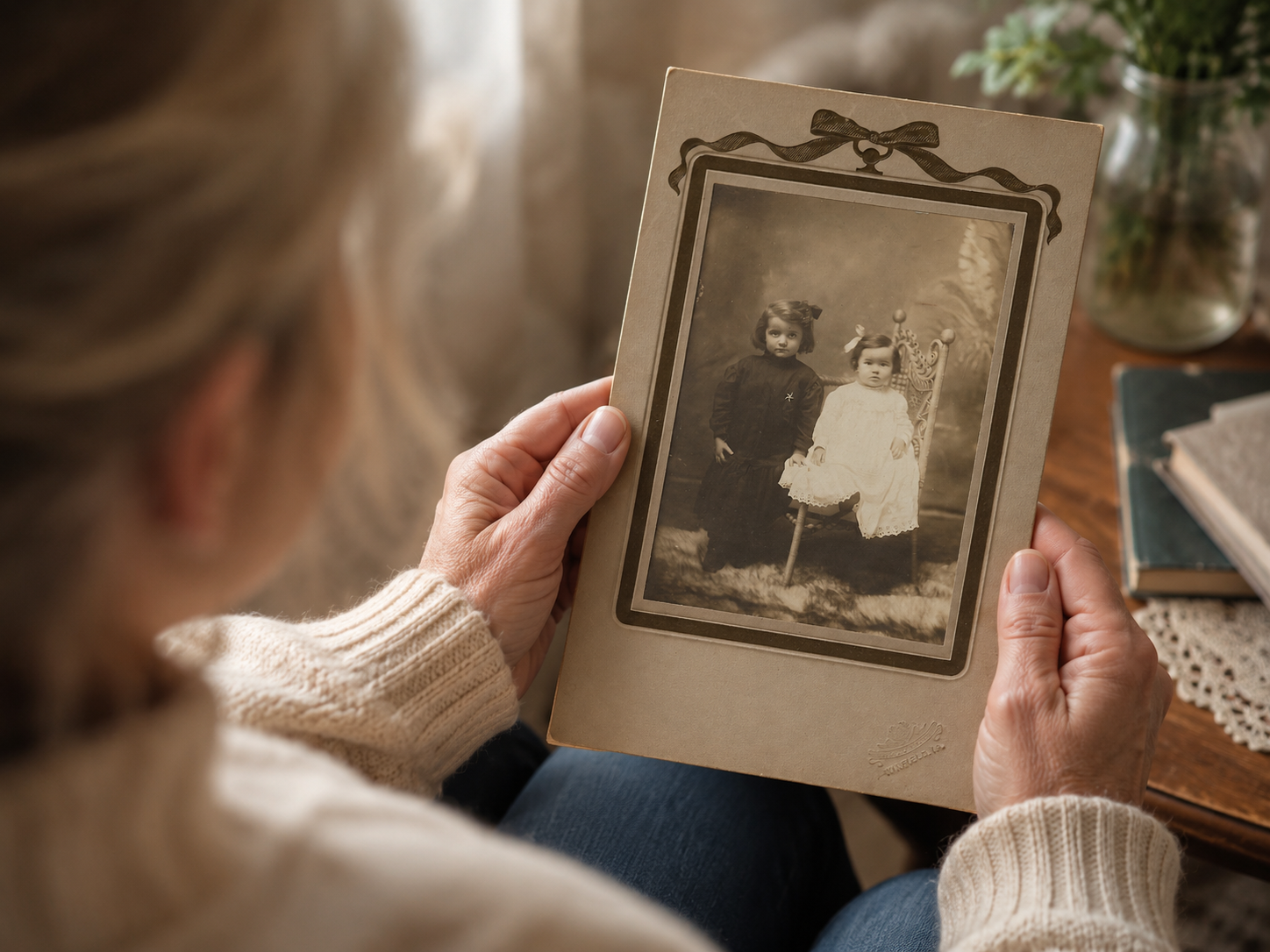 Woman holding an old family photo of two young girls