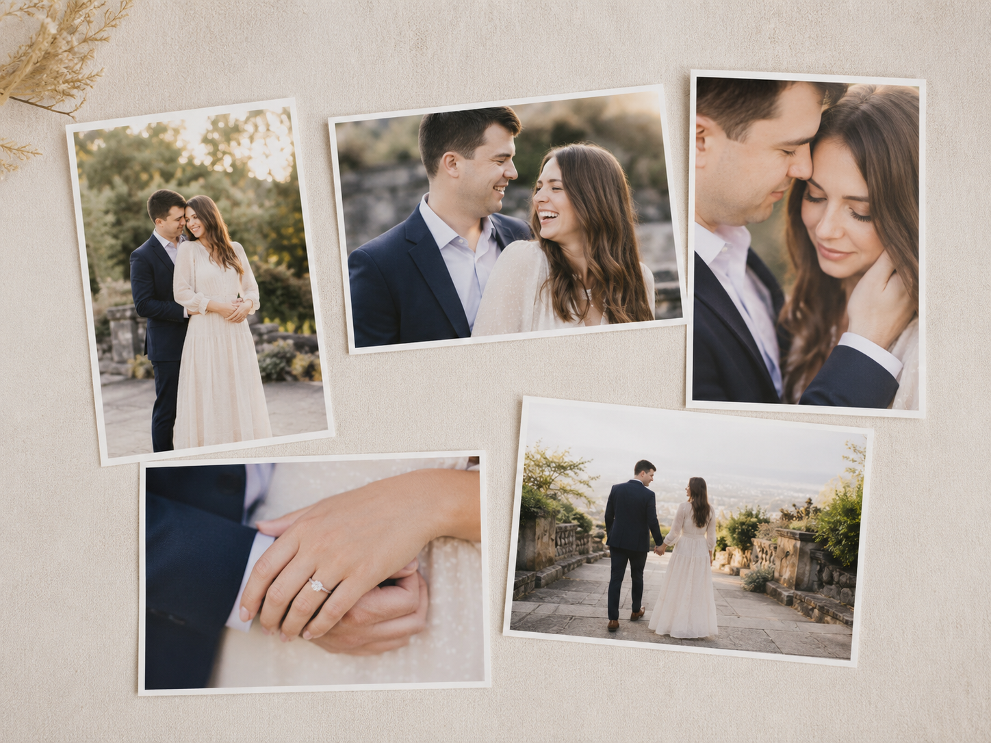 Collection of professional engagement photos showing portraits, candid moments, and a close-up of an engagement ring.