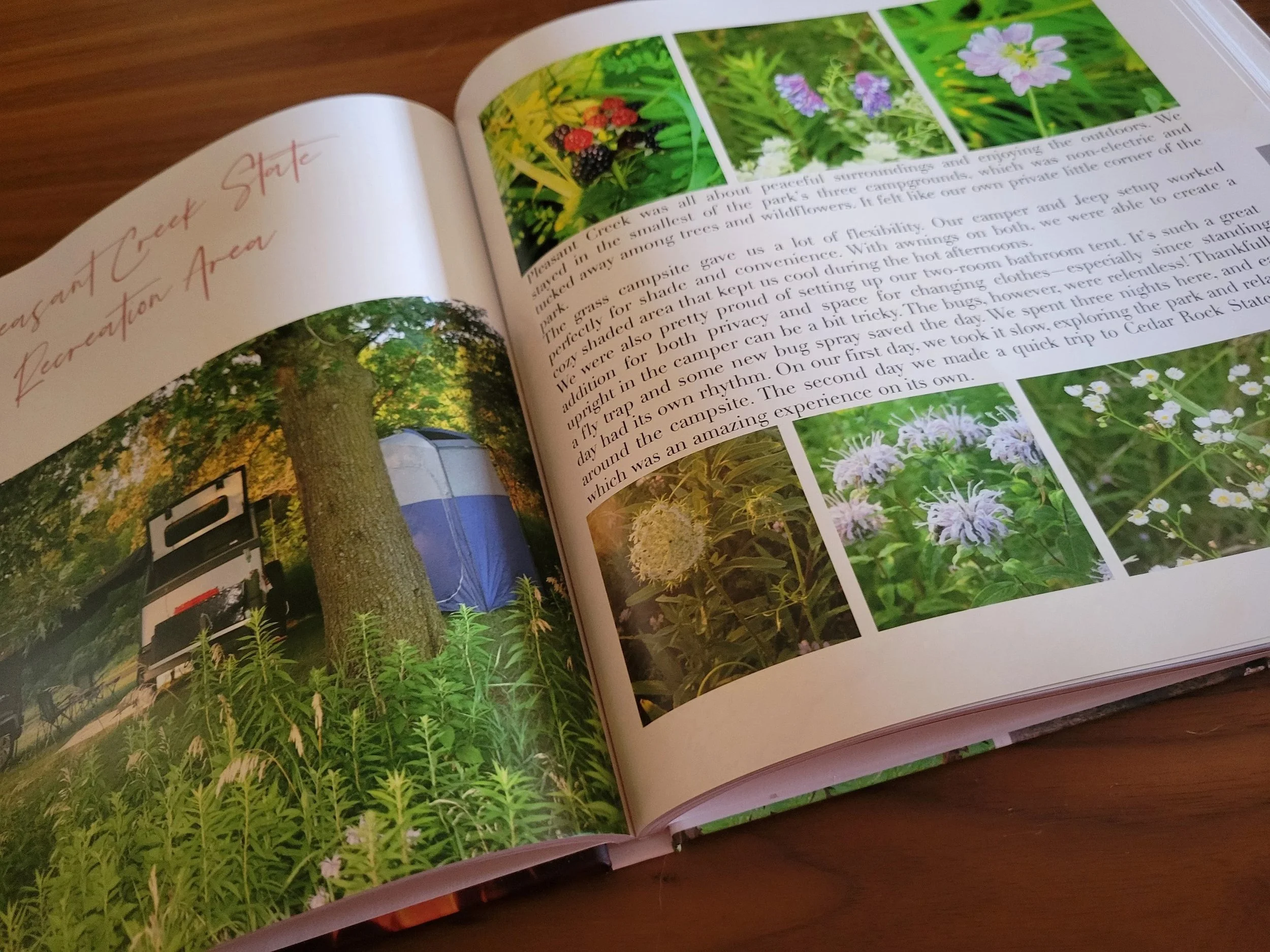 Photo book page with captions, dates, and photographs