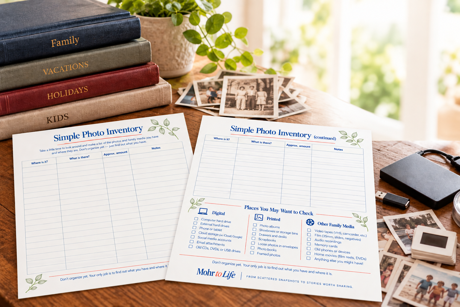 Simple Photo Inventory worksheets surrounded by family photo albums, printed photos, slides, and digital storage devices.