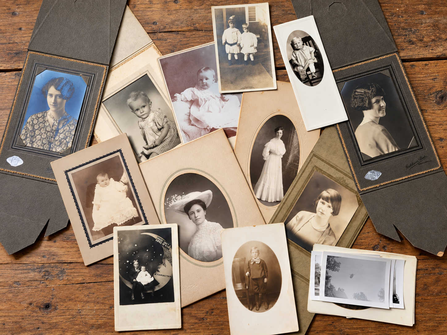 A group of old family photographs and portrait cards spread out on a wooden table, with several people unidentified.