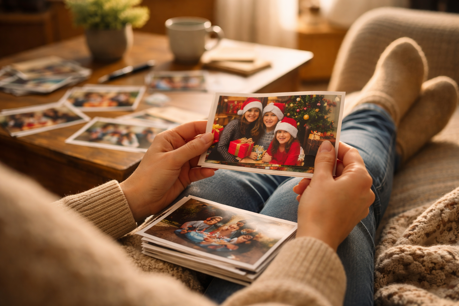 Person sitting in a cozy chair looking through printed photographs in soft natural light, capturing a quiet and meaningful moment of remembering family memories.