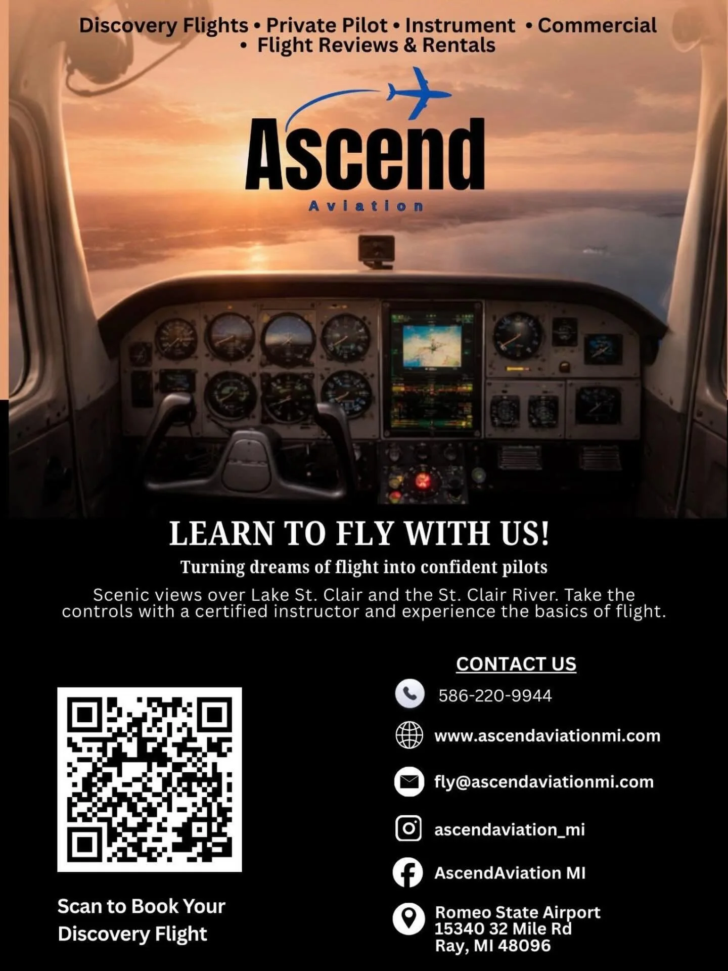 ✈️ Ever dreamed of flying a plane?

Now you can.

Take the controls on a Discovery Flight with Ascend Aviation and experience what it&rsquo;s really like to be a pilot.

📍 Located at Romeo State Airport

👉 Scan the QR code in the photo to book your