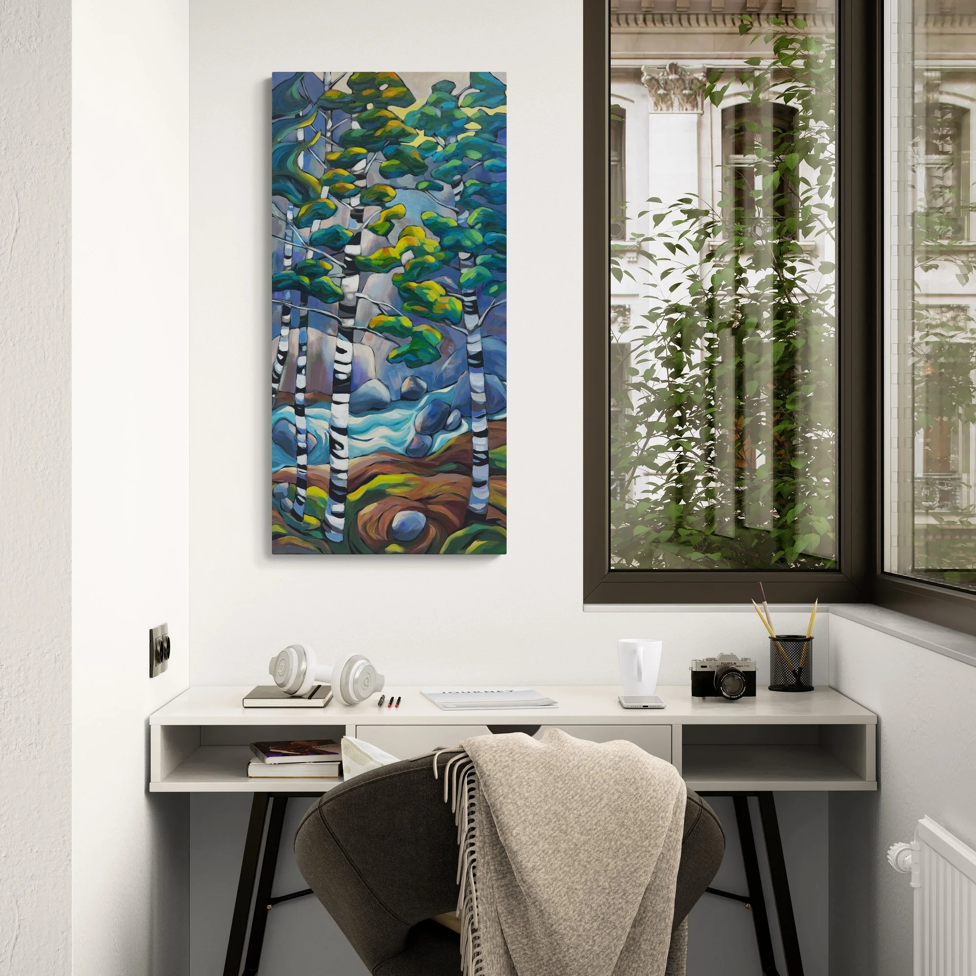 Where The Stream Wanders original art shown in home office setting