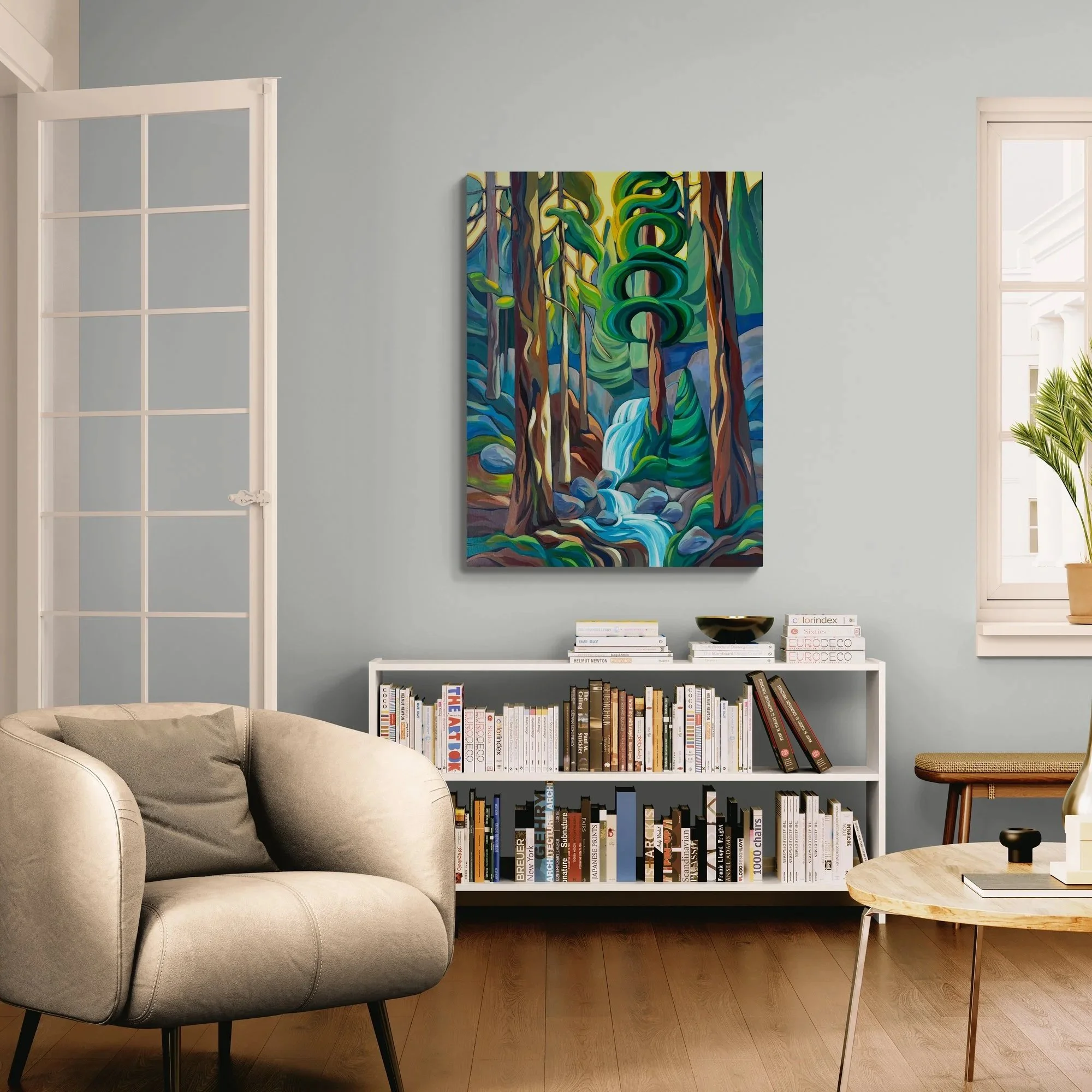Forest Bathing shown in classic living room with white bookcase