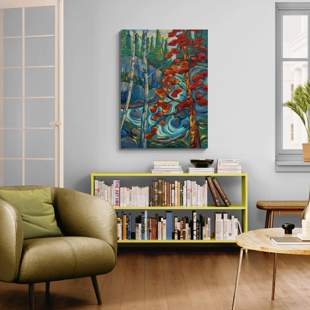 Autumn In Motion original art by Jodie Blaney shown with bookcase