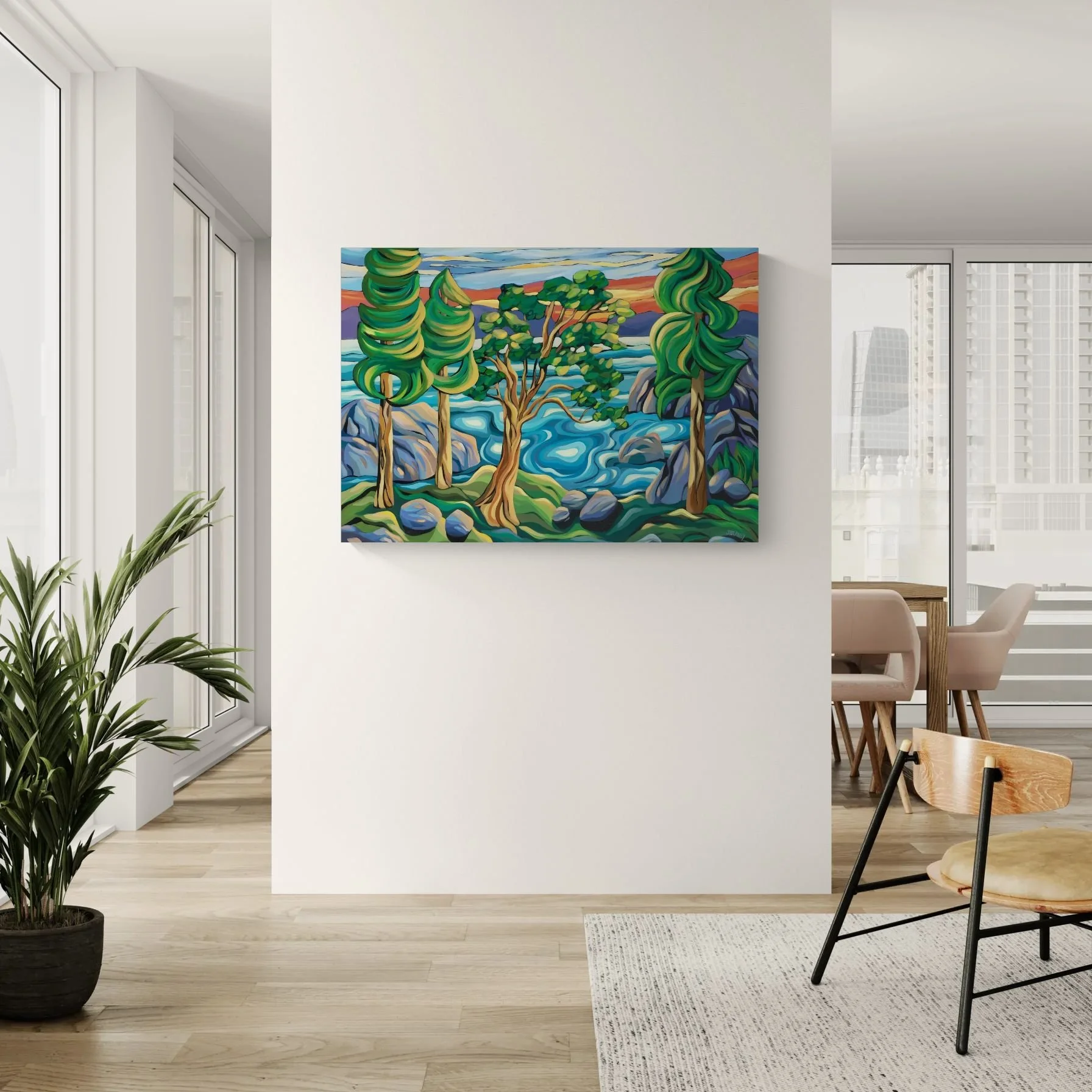 Modern apartment with feature wall showing West Coast Radiance by Vancouver artist Jodie Blaney