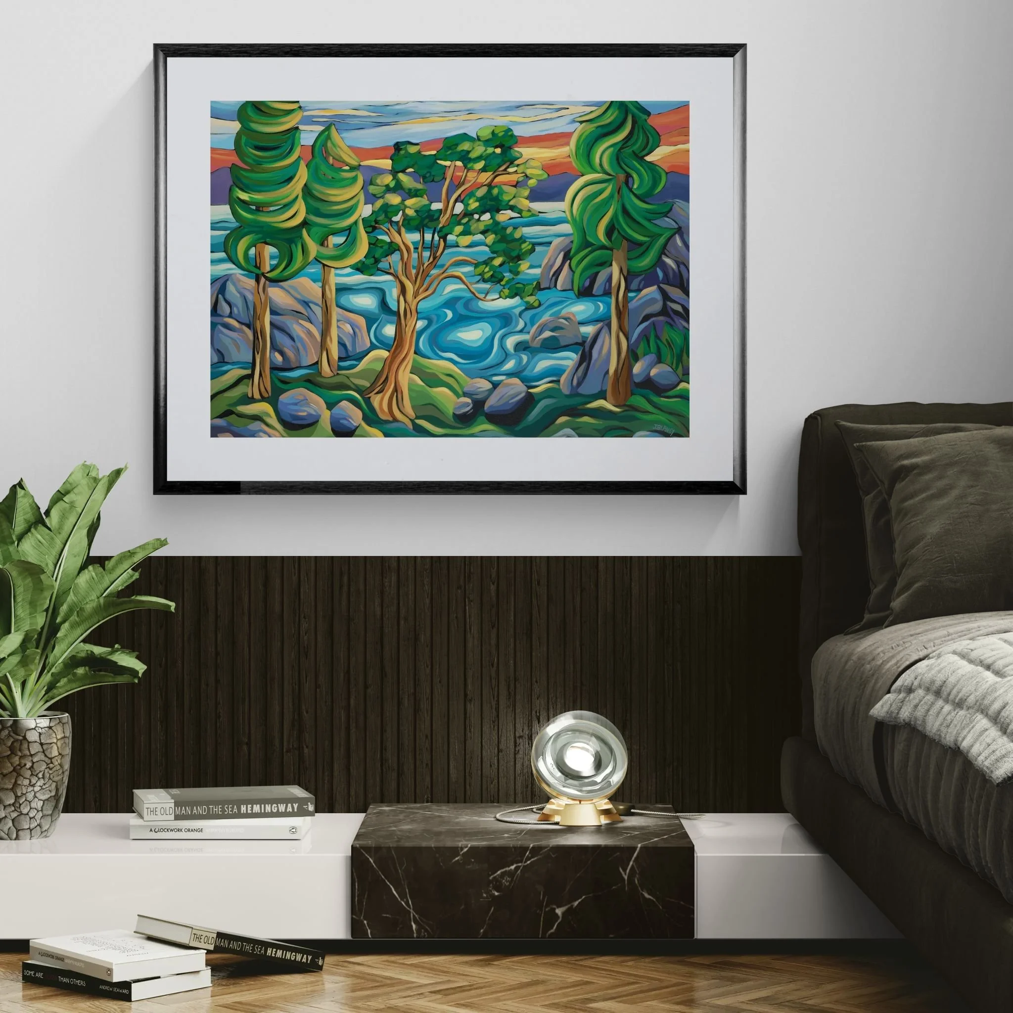 Bright and modern bedroom featuring West Coast Radiance art print by Jodie Blaney