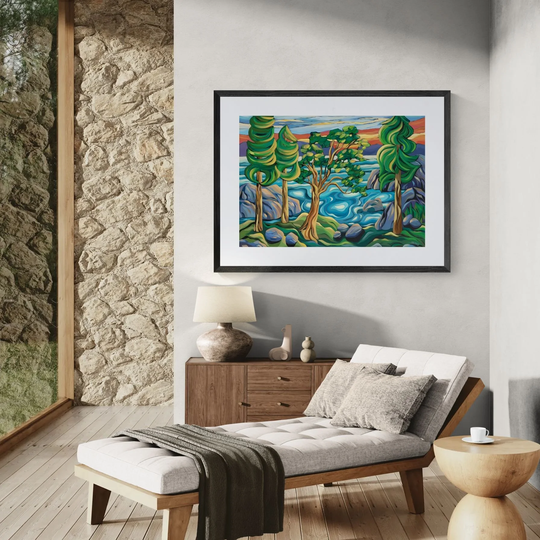 Living room with a comfy lounger and West Coast Radiance art print framed