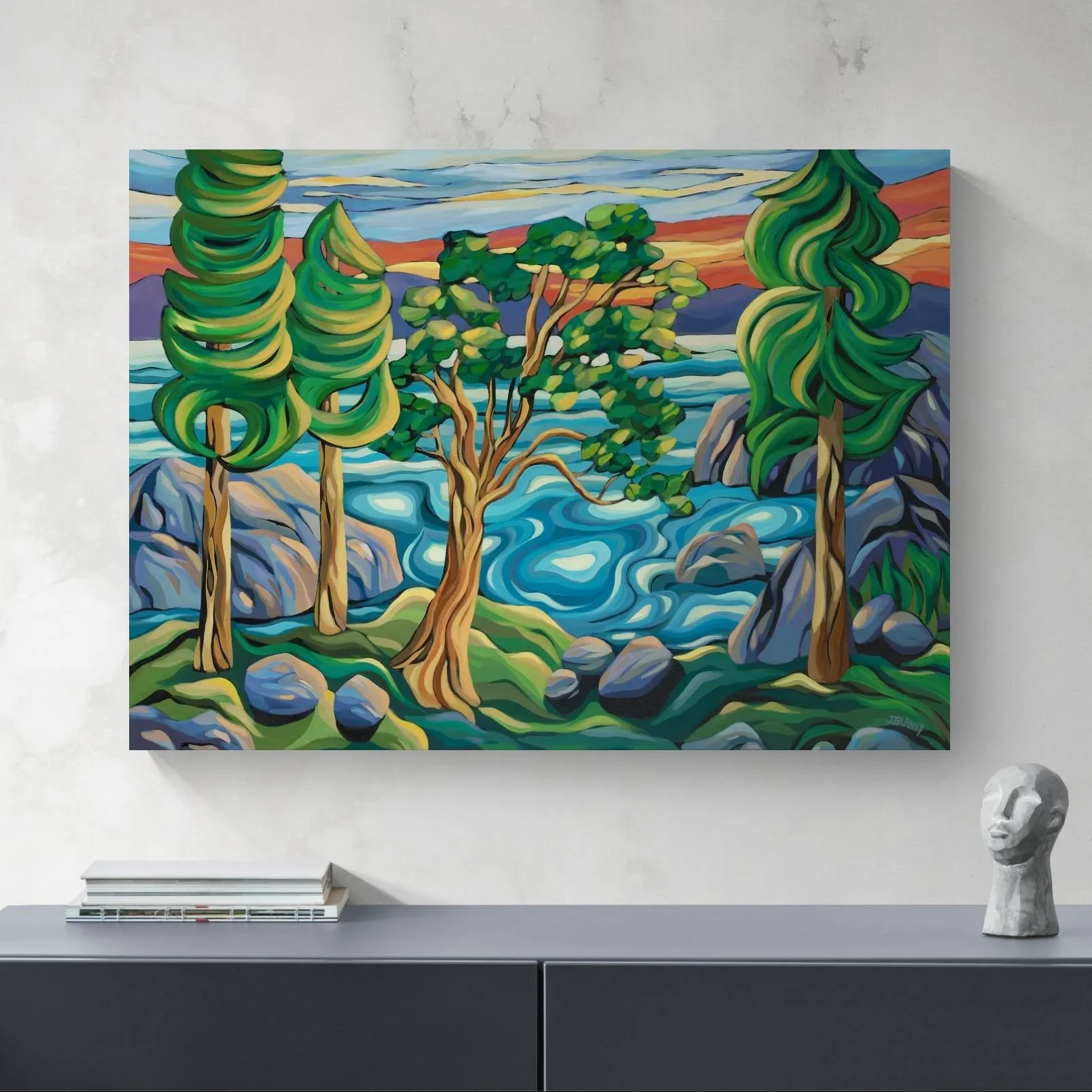 Minimal room with modern cabinet and West Coast Radiance art print by Jodie Blaney