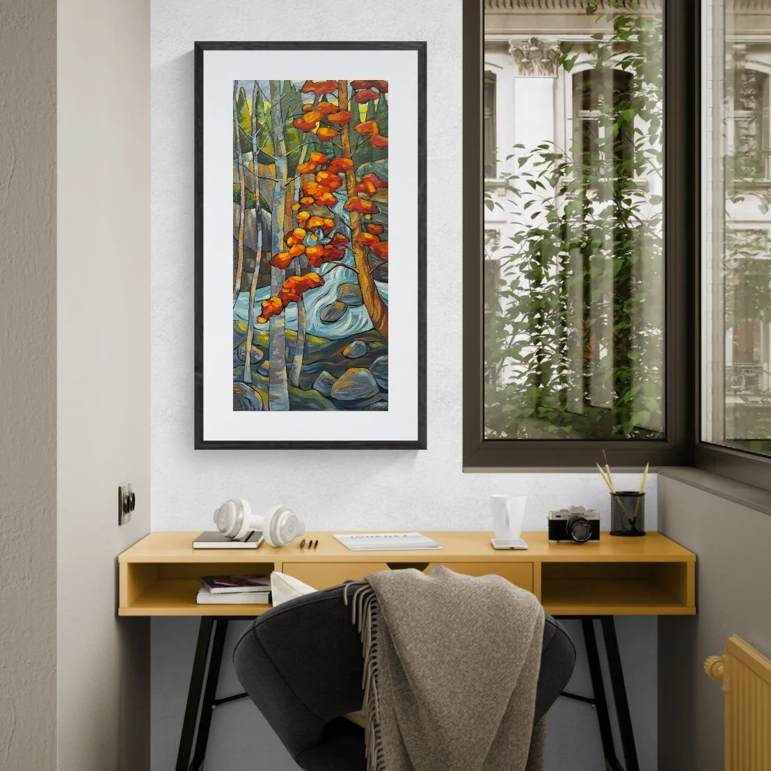 Autumn Exuberance art print show with home office with outside views