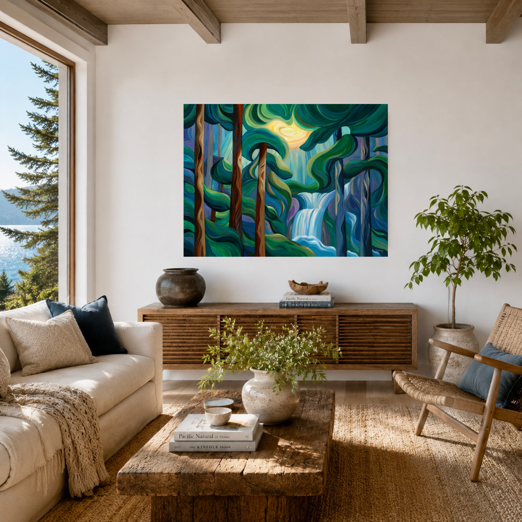 Transcendence fine art print by Jodie Blaney shown above sideboard with West Coast window view