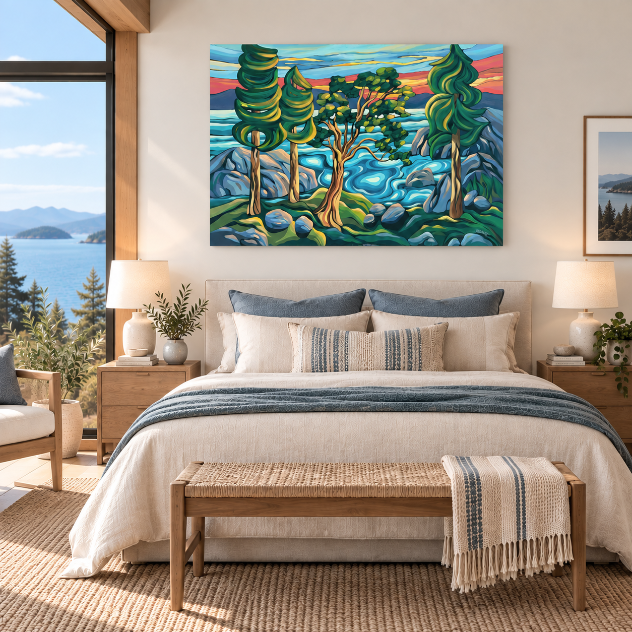 Bedroom setting with original art by Jodie Blaney