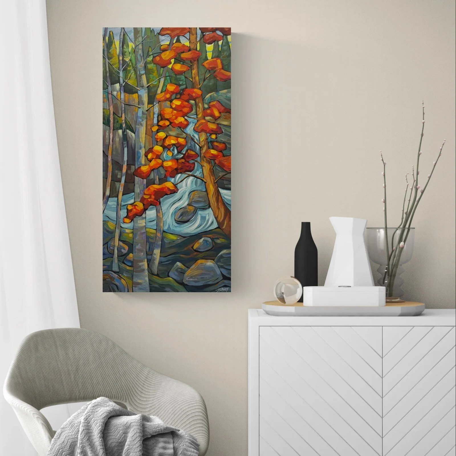 Autumn Exuberance art print by Jodie Blaney shown on bedroom wall