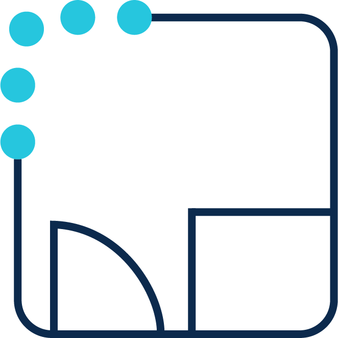 Outline of a floor plan with a rounded corner and four small circles along the top and left side, representing a point cloud scan.