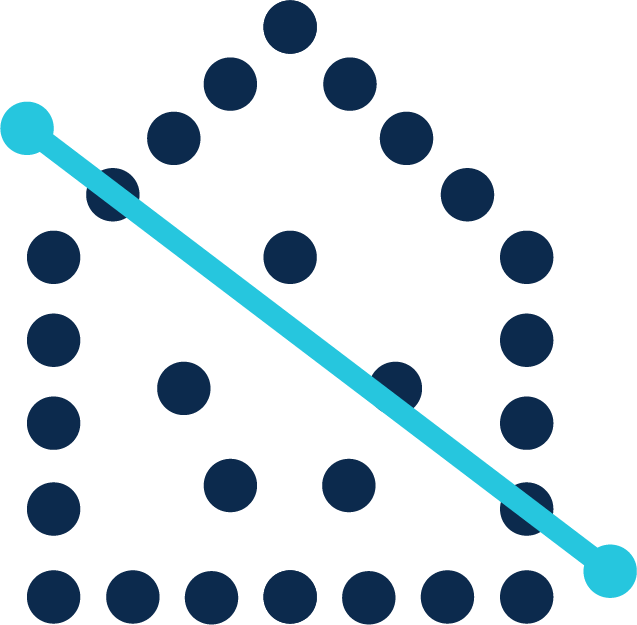 The outline of a house with blue dots and a downward-sloping blue line indicating scanning a home.