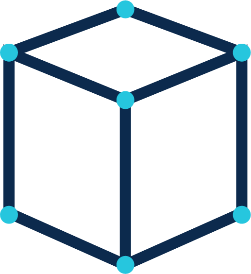 A 3D wireframe cube with blue vertices and edges, shown in an isometric view.