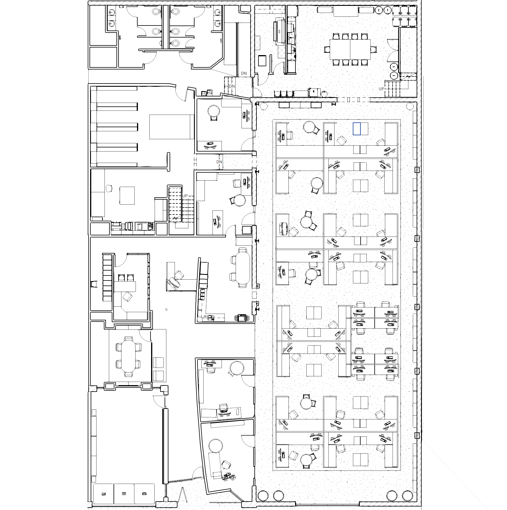 Architectural floor plan of an office or commercial space with various rooms, open work areas, conference rooms, and restrooms.