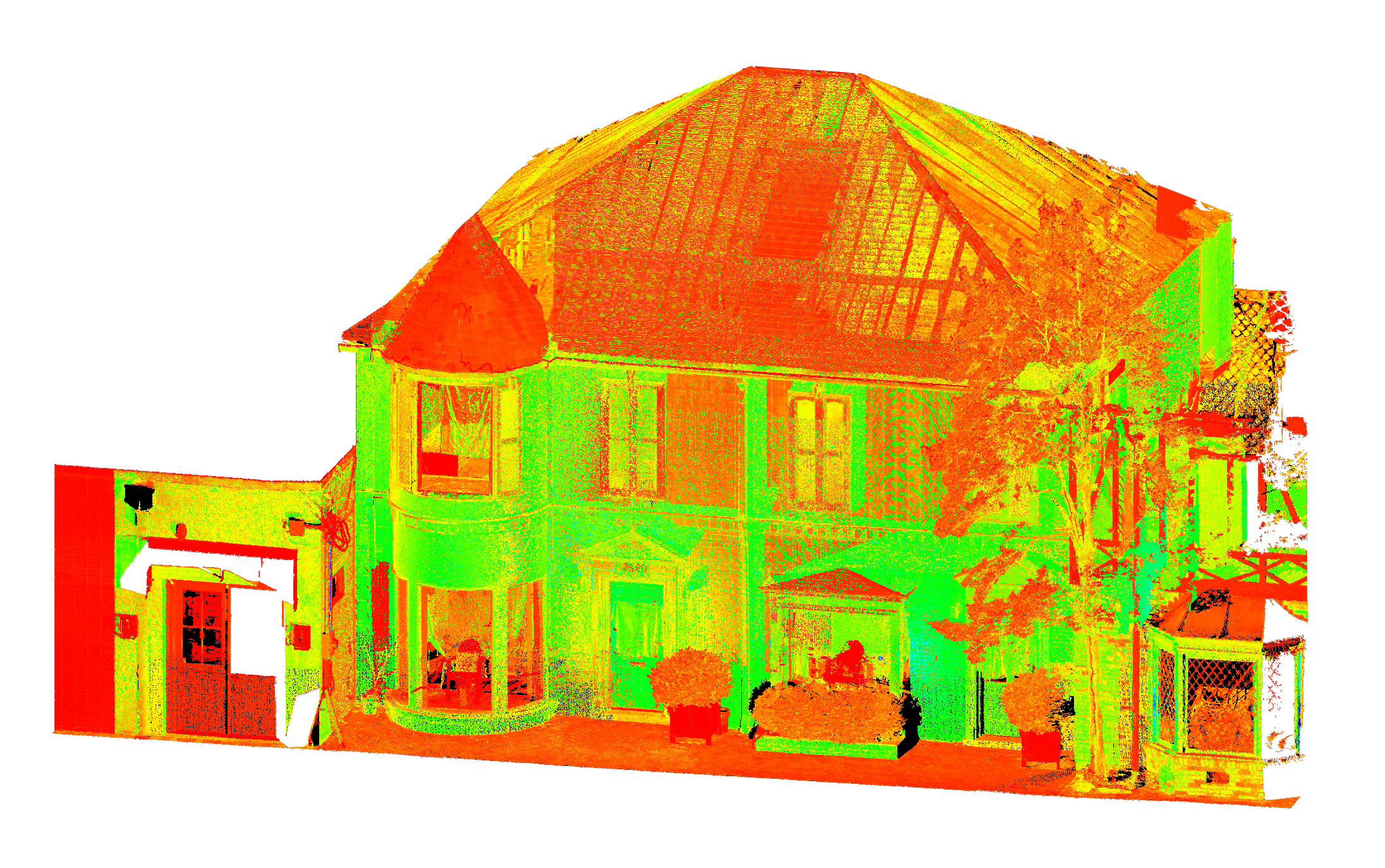 3D LiDAR point cloud of a residential house with a gable roof, turret, and trees.