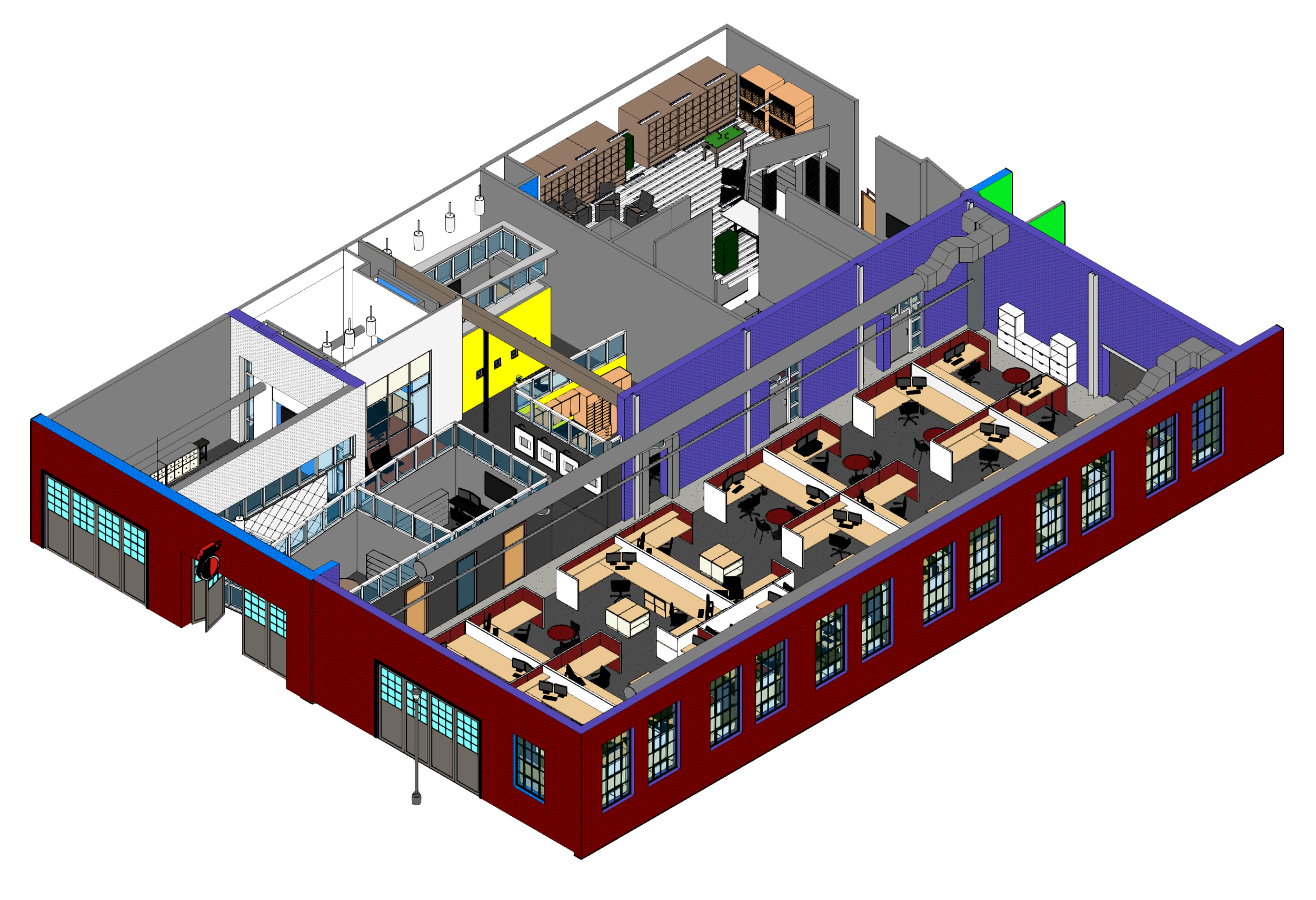 3D model of a multi-floor office building showing various rooms and workspaces, including open office areas, conference rooms, and storage.