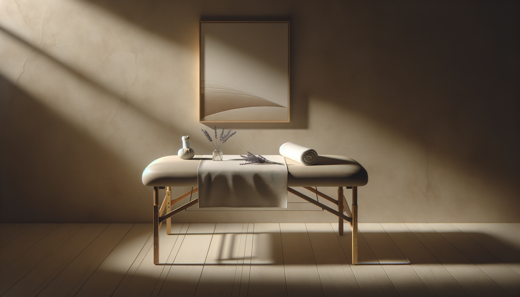 Minimalist massage table in a softly lit room with framed artwork on the wall, a rolled towel, and a small vase with lavender on a neutral-colored cloth.