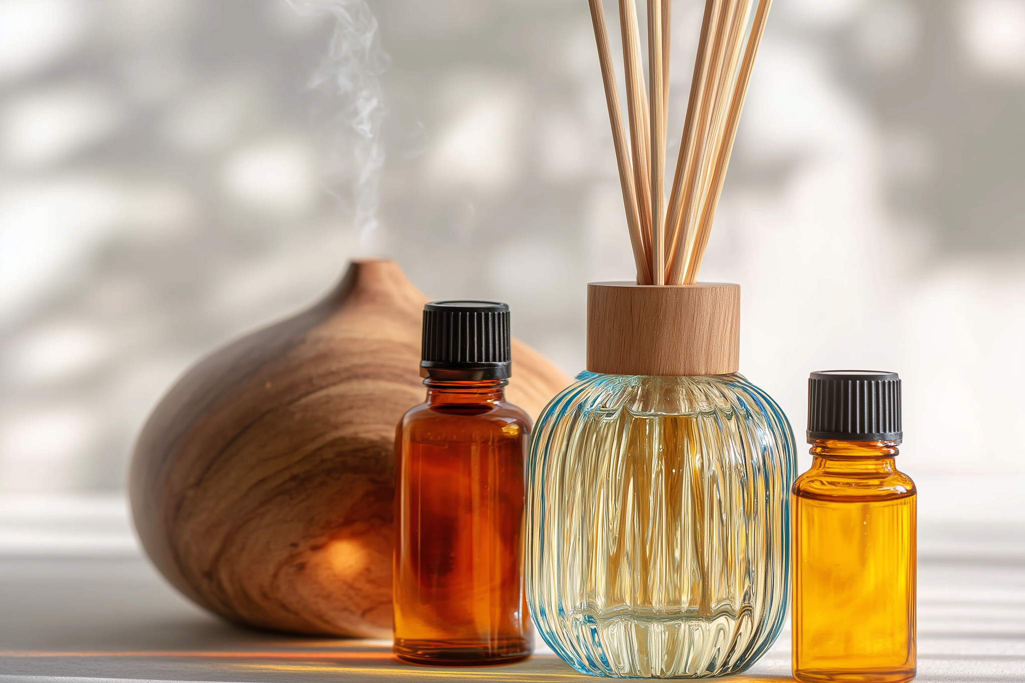 A wooden diffuser with reed sticks, two small amber essential oil bottles, and a large wooden vase on a white surface with a blurred light background.