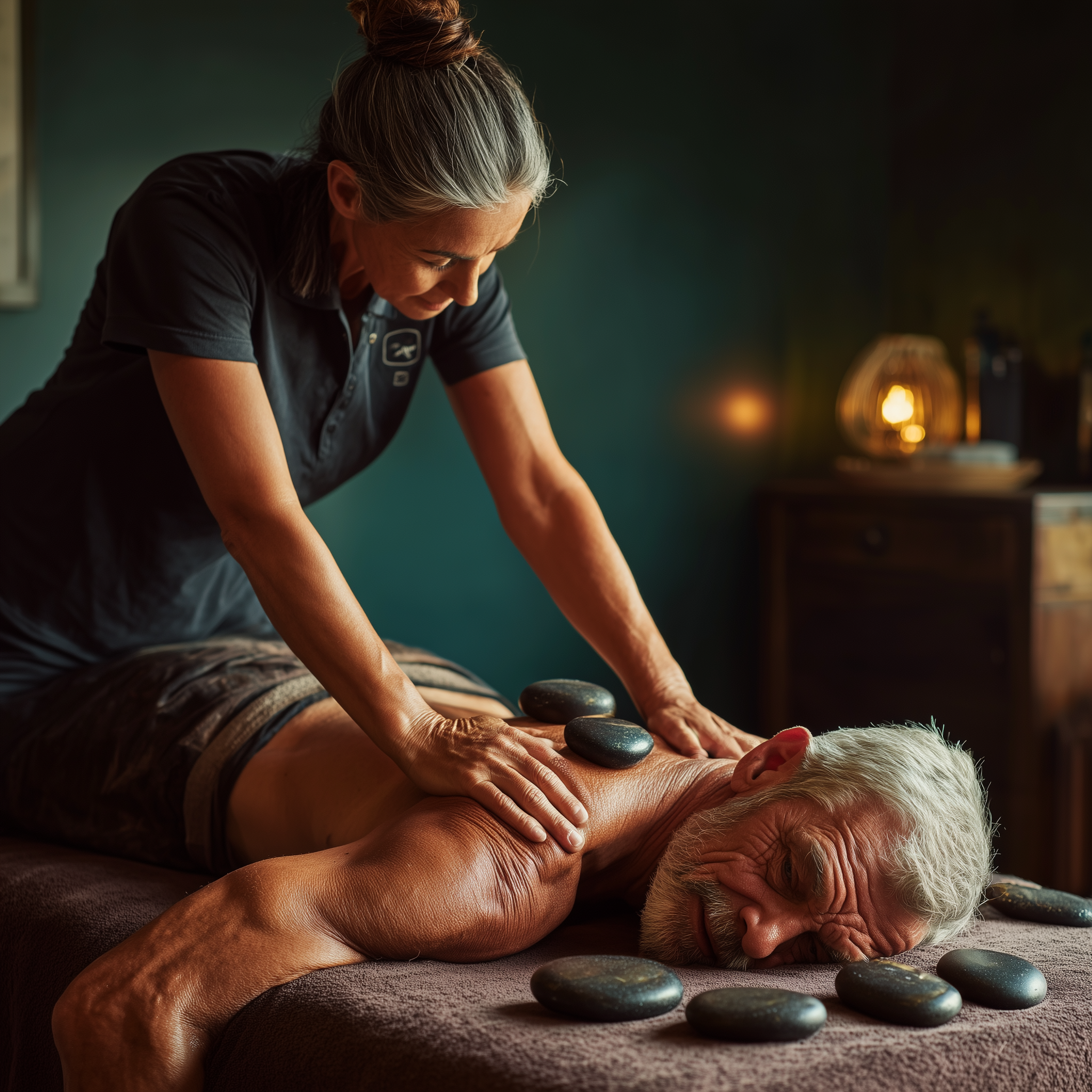 A woman giving a hot stone massage to a man lying face down on a massage table in a dimly lit room with a lamp in the background.