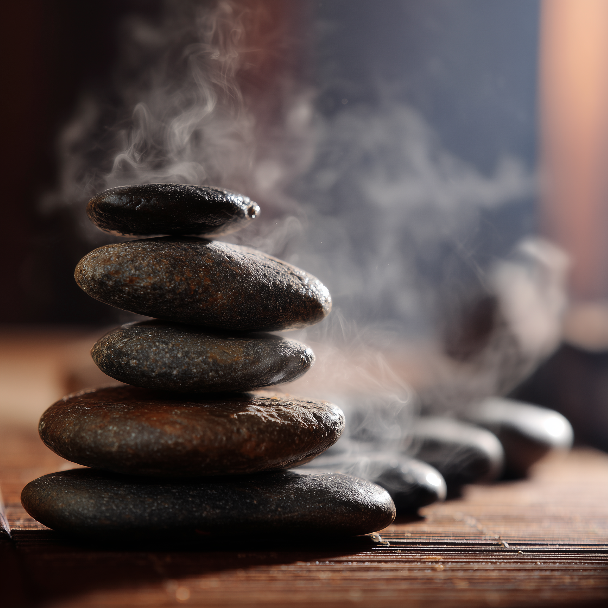 Stacked black and gray stones with steam rising in a calming, spa-like setting.